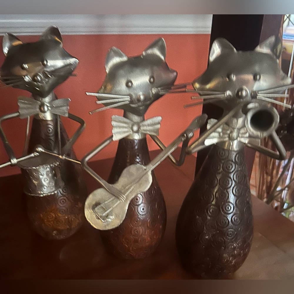 1990s FOLK ART Pier 1 Cats Musician Figurines Set of 3 Wood & Metal Statues 10" - Picture 8 of 9